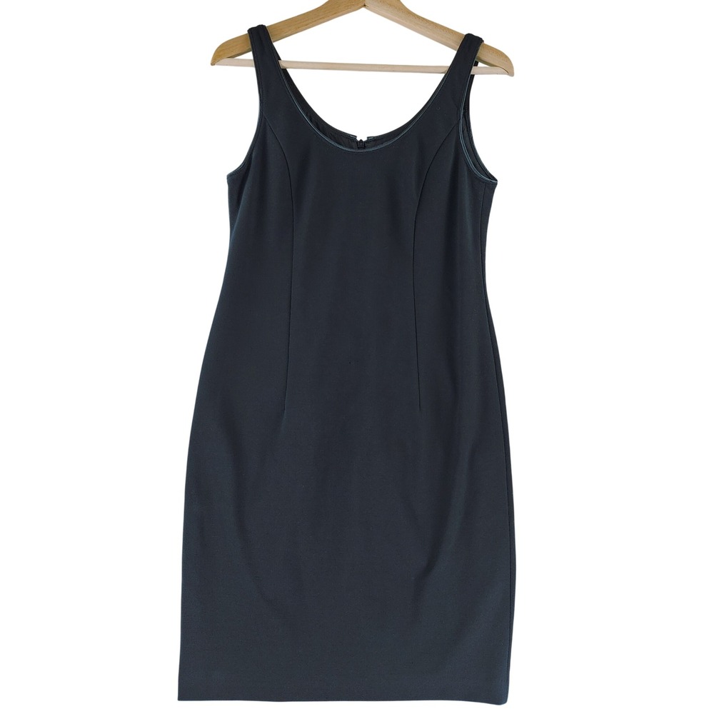 Eileen Fisher XS Black Sheath Dress Italian Fabric Silk Lined Leather Trim